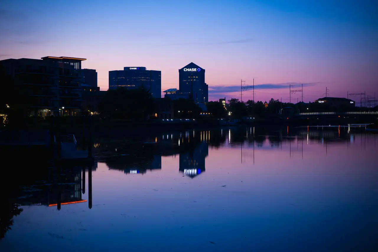 Fine-art photograph, “Wilmington Riverfront Chase Towers in Violet Twilight - RFIV9804.JPG,” from the Delaware collection.