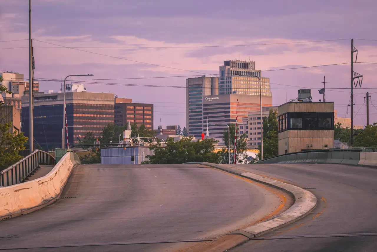 Fine-art photograph, “Downtown Wilmington Beyond an Empty Curving Overpass - RFIV9808.JPG,” from the Delaware collection.