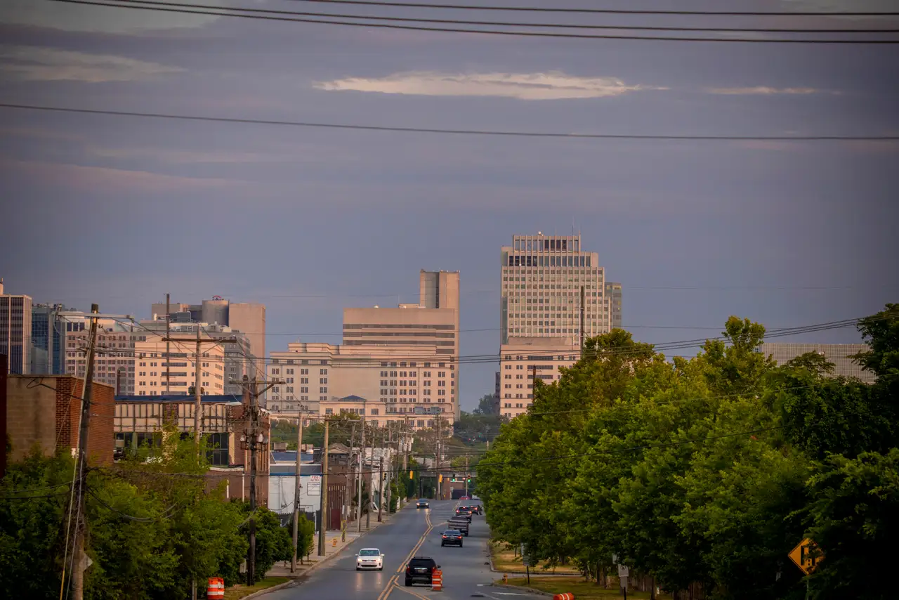 Fine-art photograph, “Downtown Wilmington Beyond a Tree-Lined Industrial Street - RFIV9817.JPG,” from the Delaware collection.