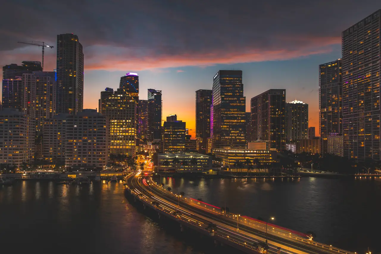 Fine-art photograph, “Brickell Skyline and Causeway at Sunset - 5DM42862.JPG,” from the Florida collection.