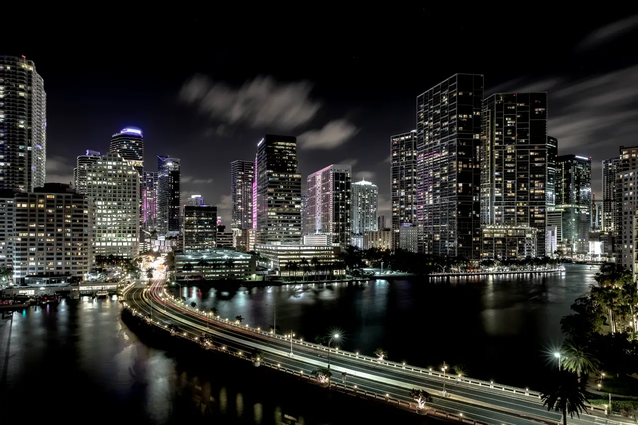 Fine-art photograph, “Brickell Causeway Light Trails Across Biscayne Bay - 5DM44782.JPG,” from the Florida collection.