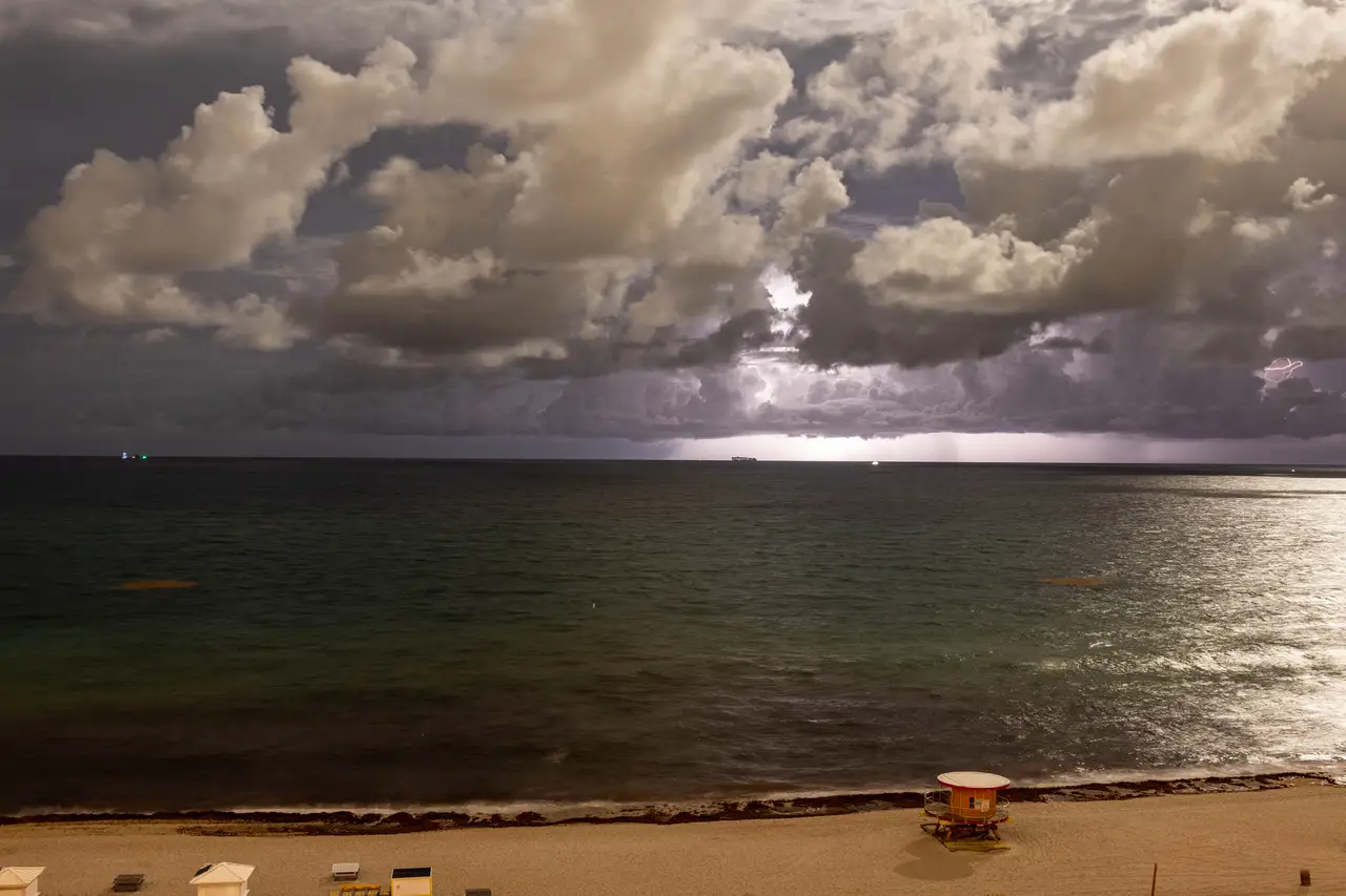 Fine-art photograph, “Miami Beach Lightning Storm, Tide of Light - _FIV6802.JPG,” from the Florida collection.