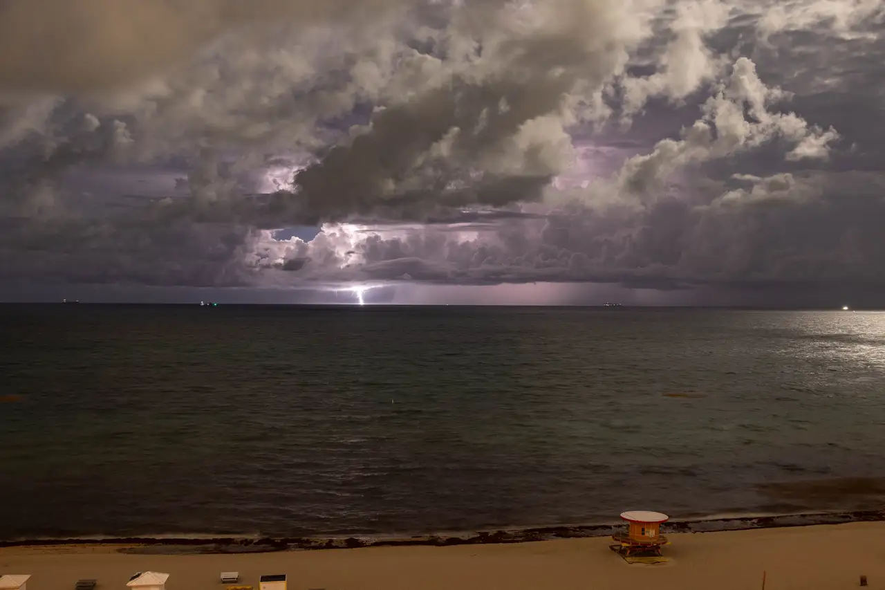 Fine-art photograph, “Miami Beach Lightning Storm, Steel and Water - _FIV6942.JPG,” from the Florida collection.