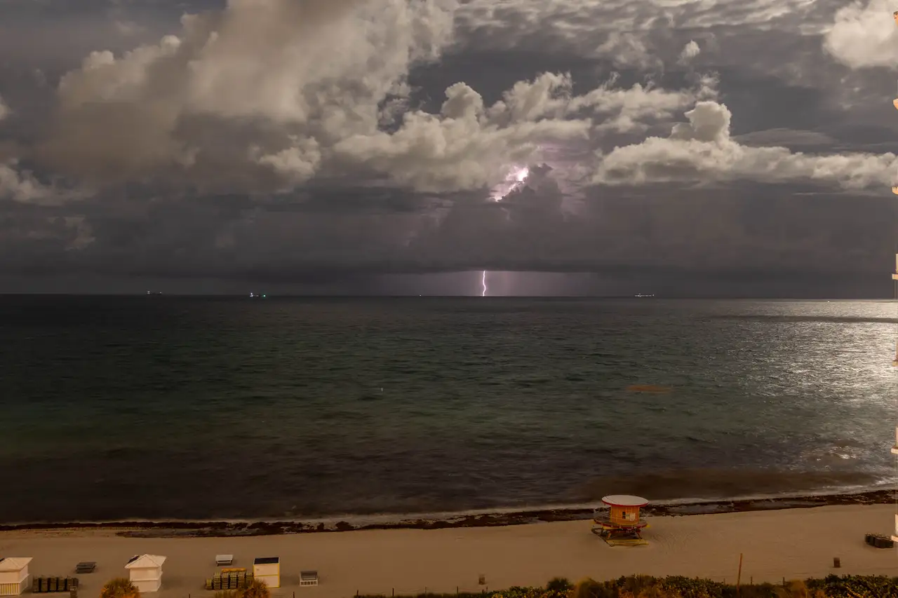 Fine-art photograph, “Miami Beach Lightning Storm, Steel and Water - _FIV7006.JPG,” from the Florida collection.