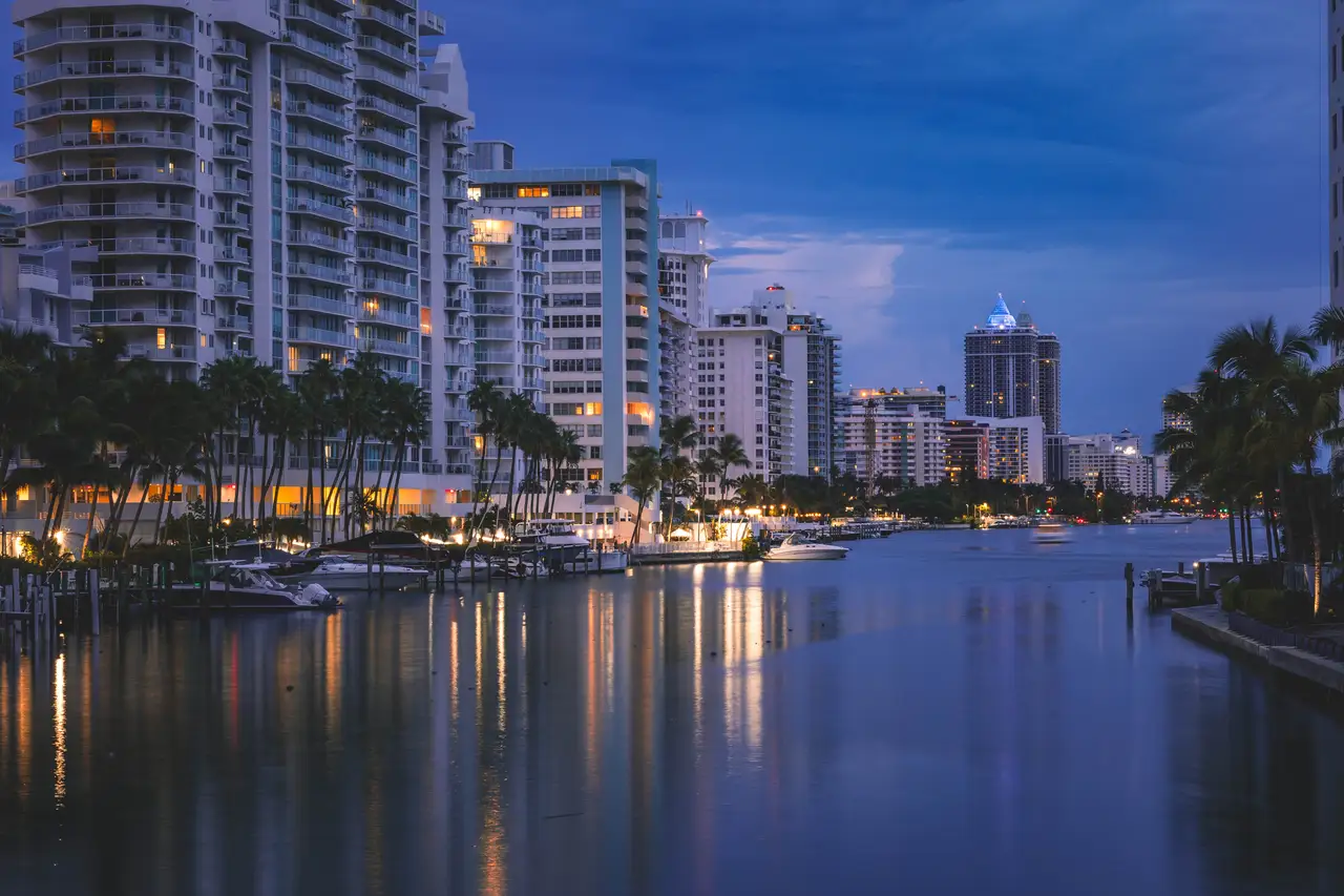 Fine-art photograph, “Miami Beach Waterway, Palm Towers, and Evening Reflections - _FIV7581.JPG,” from the Florida collection.