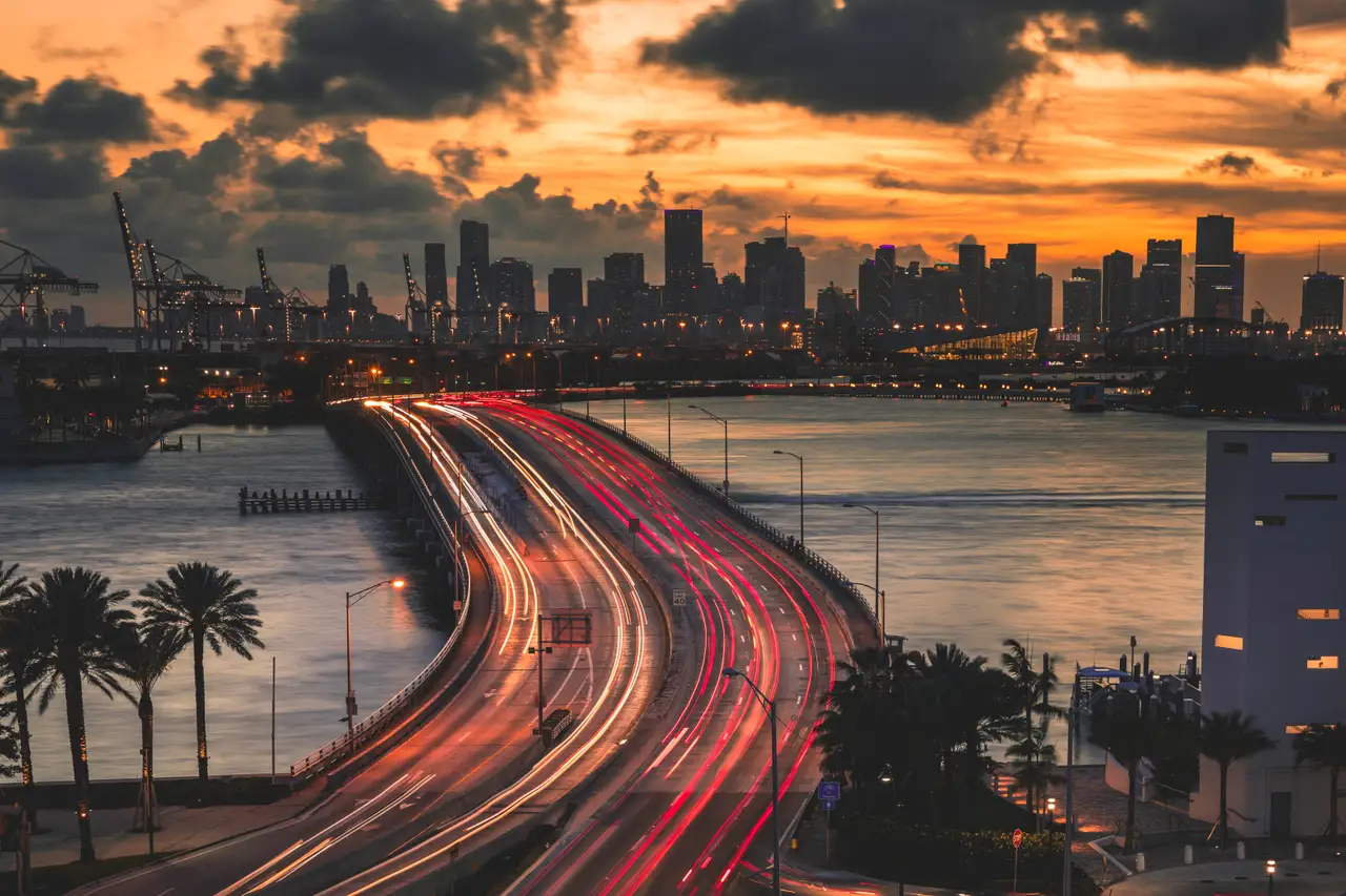 Fine-art photograph, “Miami Skyline Light Trails, Dawn Traffic - No idea hpw the name messed up61.JPG,” from the Florida collection.