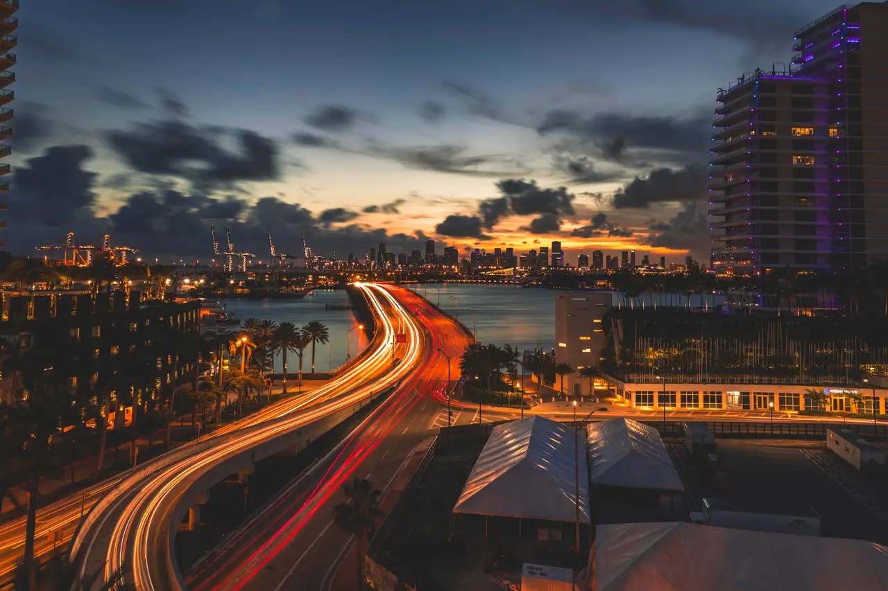 Fine-art photograph, “Miami Skyline Light Trails, Streetlight Current - No idea hpw the name messed up68.JPG,” from the Florida collection.