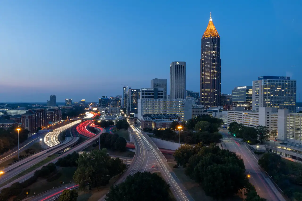 Fine-art photograph, “Atlanta Midtown and Downtown Connector at Blue Hour, Tower Light - _FIV0689.JPG,” from the Georgia - ATL collection.