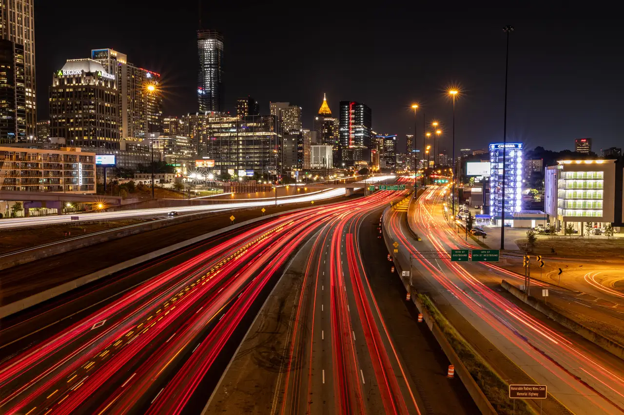 Fine-art photograph, “Atlanta Skyline and Freeway Light Trails at Night, Glass Horizon - _FIV0707.JPG,” from the Georgia - ATL collection.