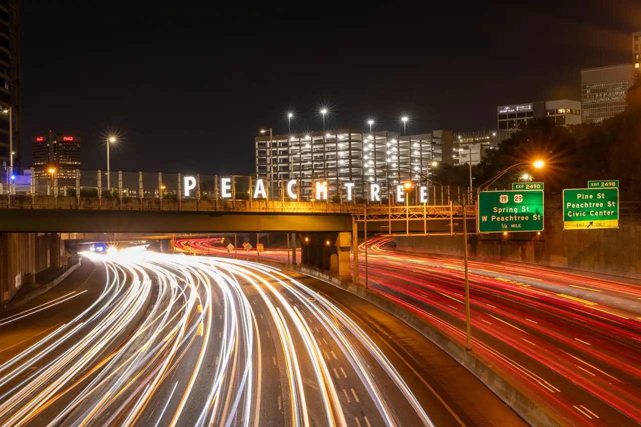Fine-art photograph, “Peachtree Street Bridge and Highway Light Trails, Tide of Light - _FIV0719.JPG,” from the Georgia - ATL collection.