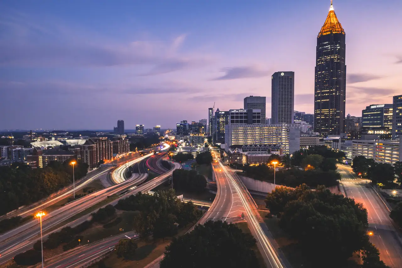 Fine-art photograph, “Atlanta Midtown and Downtown Connector at Blue Hour, Bay Haze - _FIV0742.JPG,” from the Georgia - ATL collection.