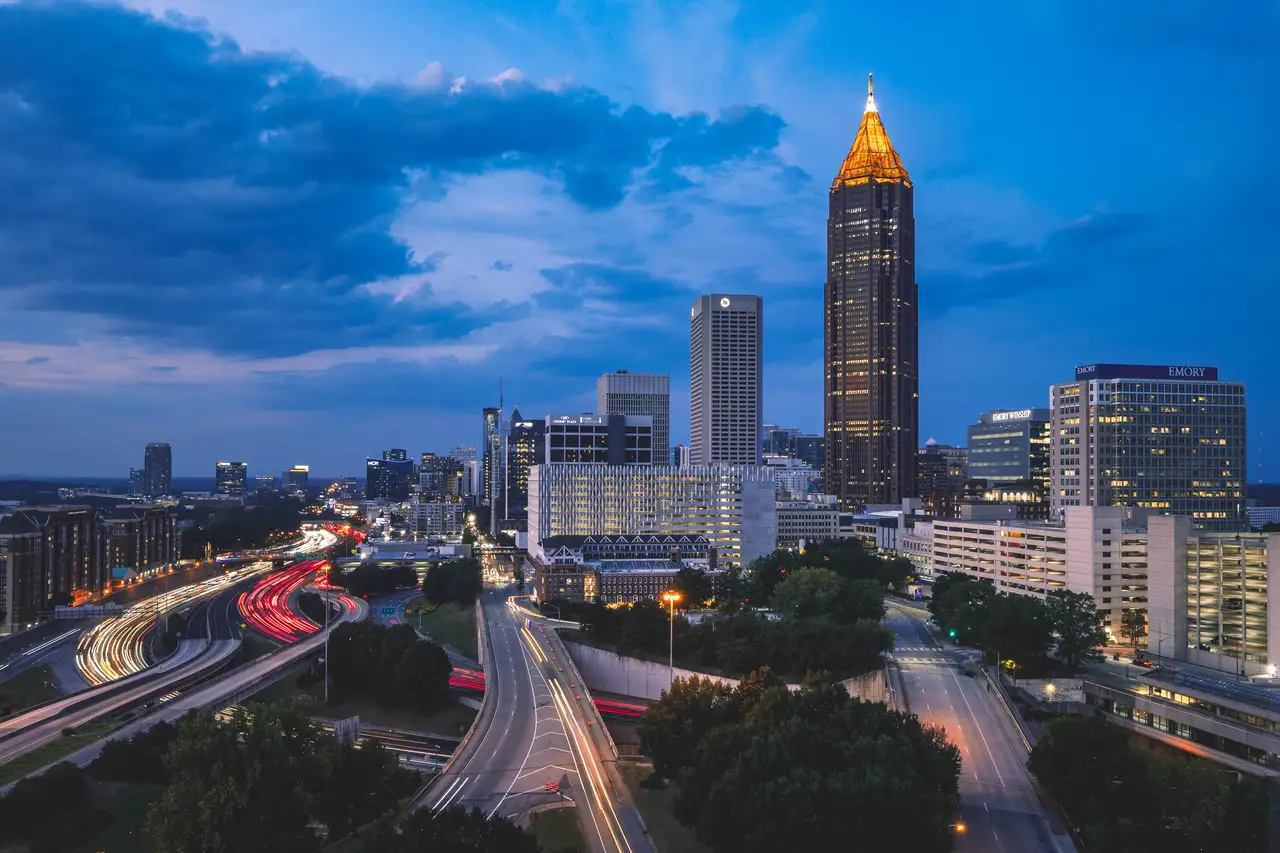 Fine-art photograph, “Atlanta Midtown and Downtown Connector Beneath Storm Clouds, Bay Haze - _FIV0807.JPG,” from the Georgia - ATL collection.