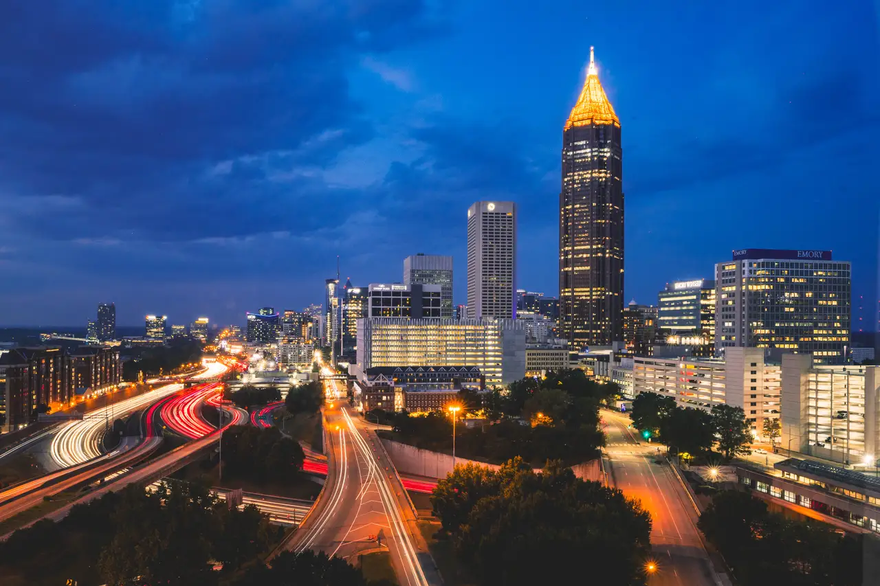 Fine-art photograph, “Atlanta Midtown and Downtown Connector at Blue Hour, Last Train Home - _FIV0815.JPG,” from the Georgia - ATL collection.