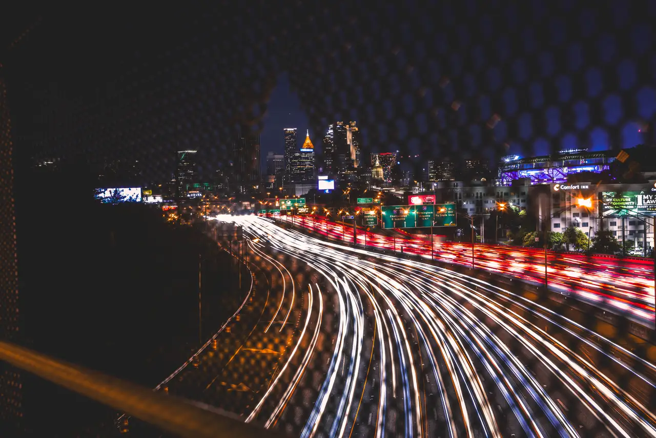 Fine-art photograph, “Atlanta Midtown Freeway Light Trails Through a Fence - _FIV2141.JPG,” from the Georgia - ATL collection.