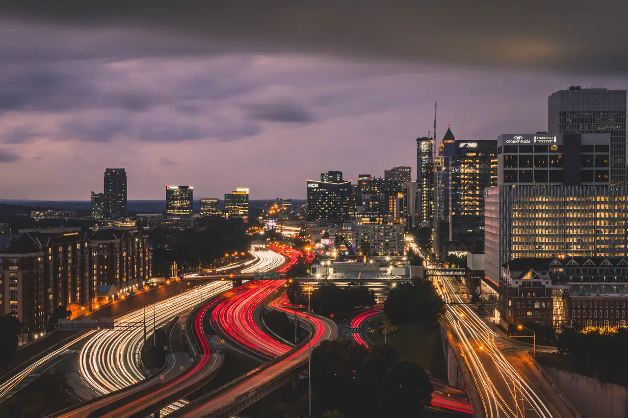 Fine-art photograph, “Atlanta Midtown and Downtown Connector Beneath Storm Clouds, Tower Light - _FIV8168.JPG,” from the Georgia - ATL collection.