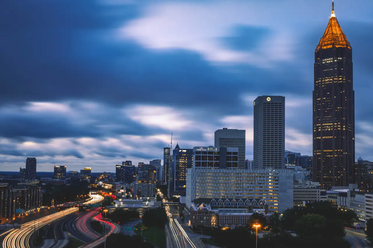 Fine-art photograph, “Atlanta Midtown and Downtown Connector Beneath Storm Clouds, Last Train Home - _FIV8192.JPG,” from the Georgia - ATL collection.