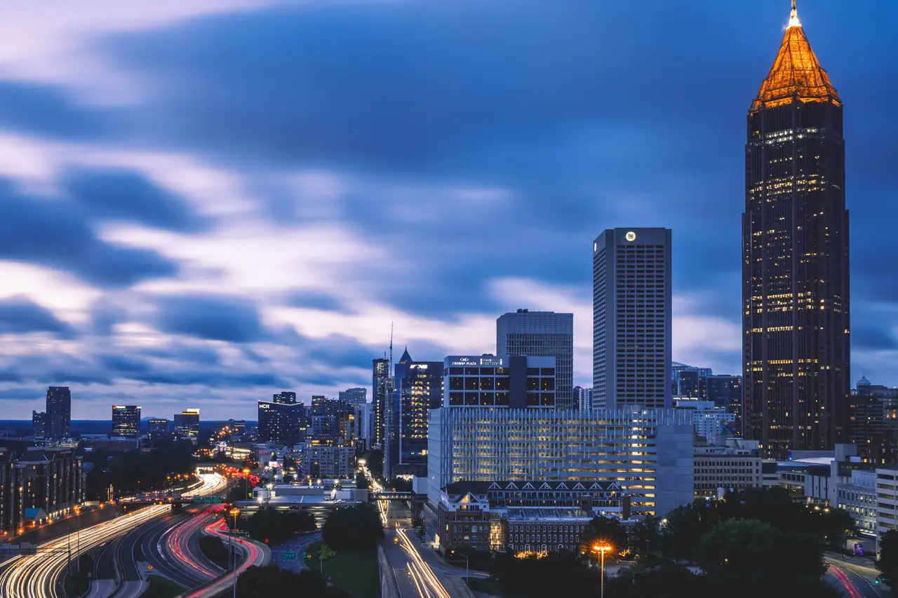 Fine-art photograph, “Atlanta Midtown and Downtown Connector Beneath Storm Clouds, Bay Haze - _FIV8194.JPG,” from the Georgia - ATL collection.