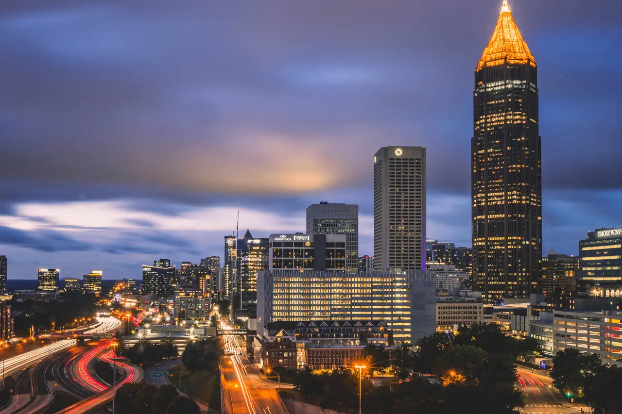 Fine-art photograph, “Atlanta Midtown and Downtown Connector Beneath Storm Clouds, Evening Momentum - _FIV8203.JPG,” from the Georgia - ATL collection.