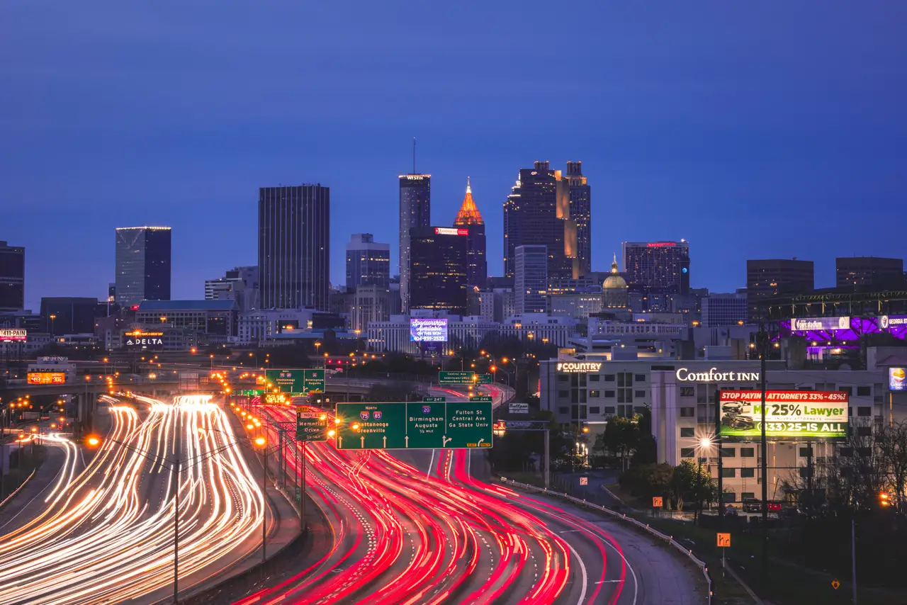 Fine-art photograph, “Atlanta Downtown Connector Light Trails in Vertical, Windows at Dusk - _FIV8682.JPG,” from the Georgia - ATL collection.