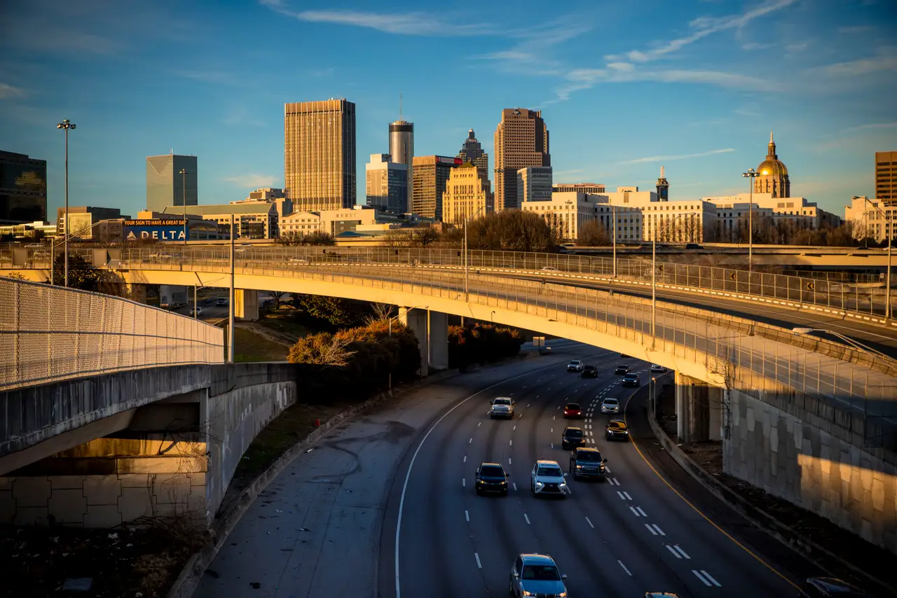 Fine-art photograph, “Atlanta Skyline and Downtown Connector at Sunset, Urban Weather - _FIV8774.JPG,” from the Georgia - ATL collection.