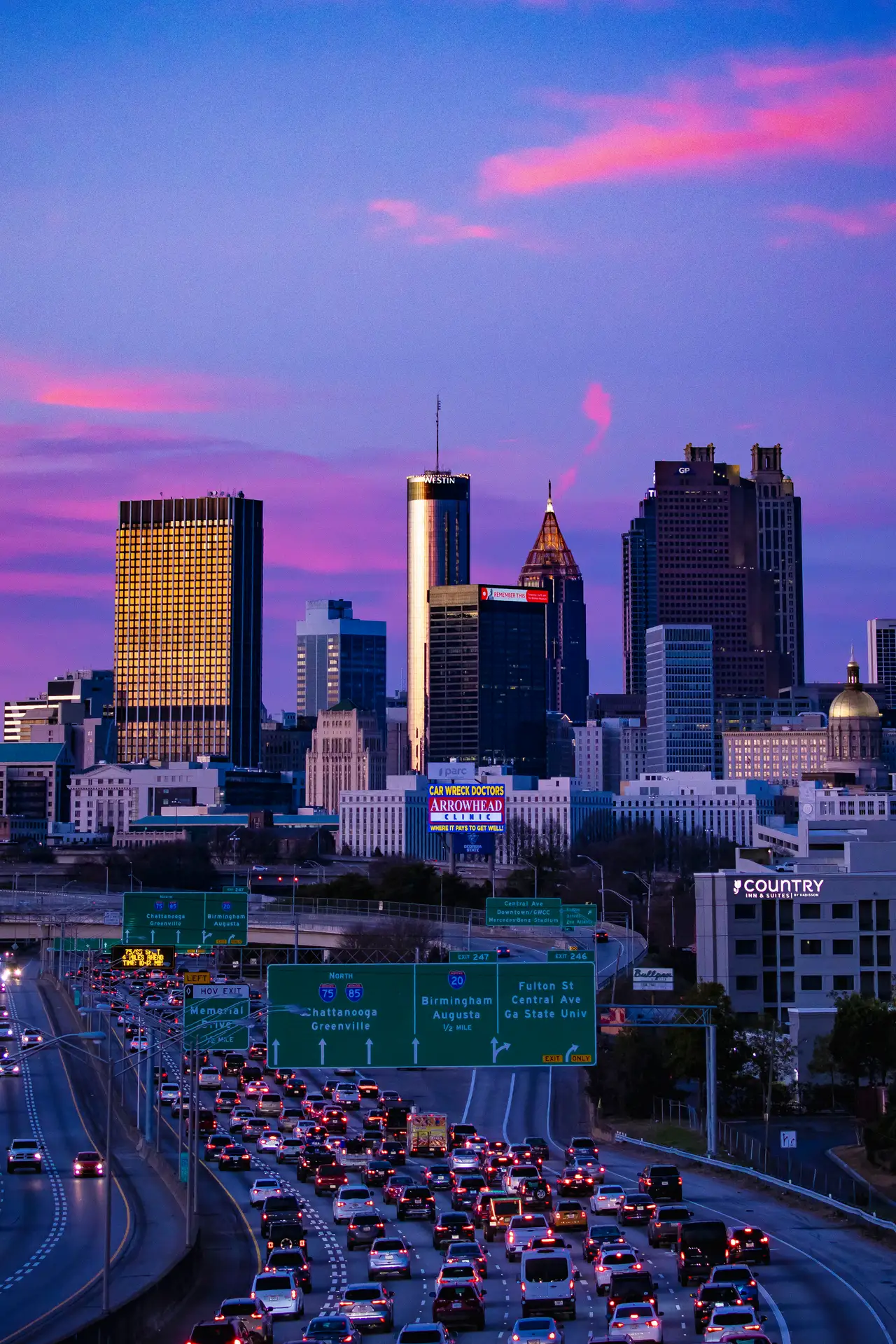 Fine-art photograph, “Atlanta Skyline and Downtown Connector in Pink Evening Light - _FIV8801.JPG,” from the Georgia - ATL collection.