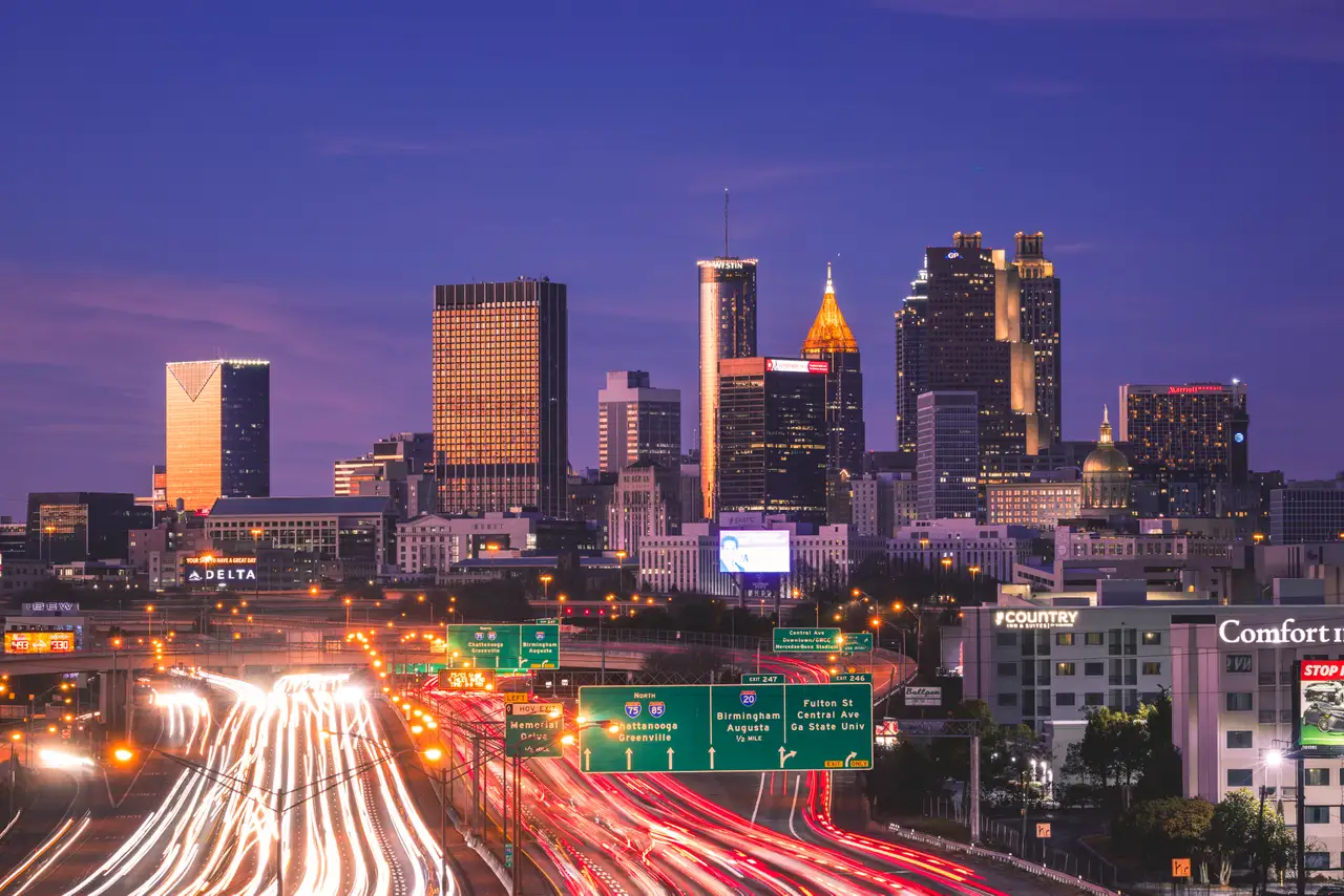 Fine-art photograph, “Atlanta Skyline and Downtown Connector at Blue Hour, Dawn Traffic - _FIV8839.JPG,” from the Georgia - ATL collection.