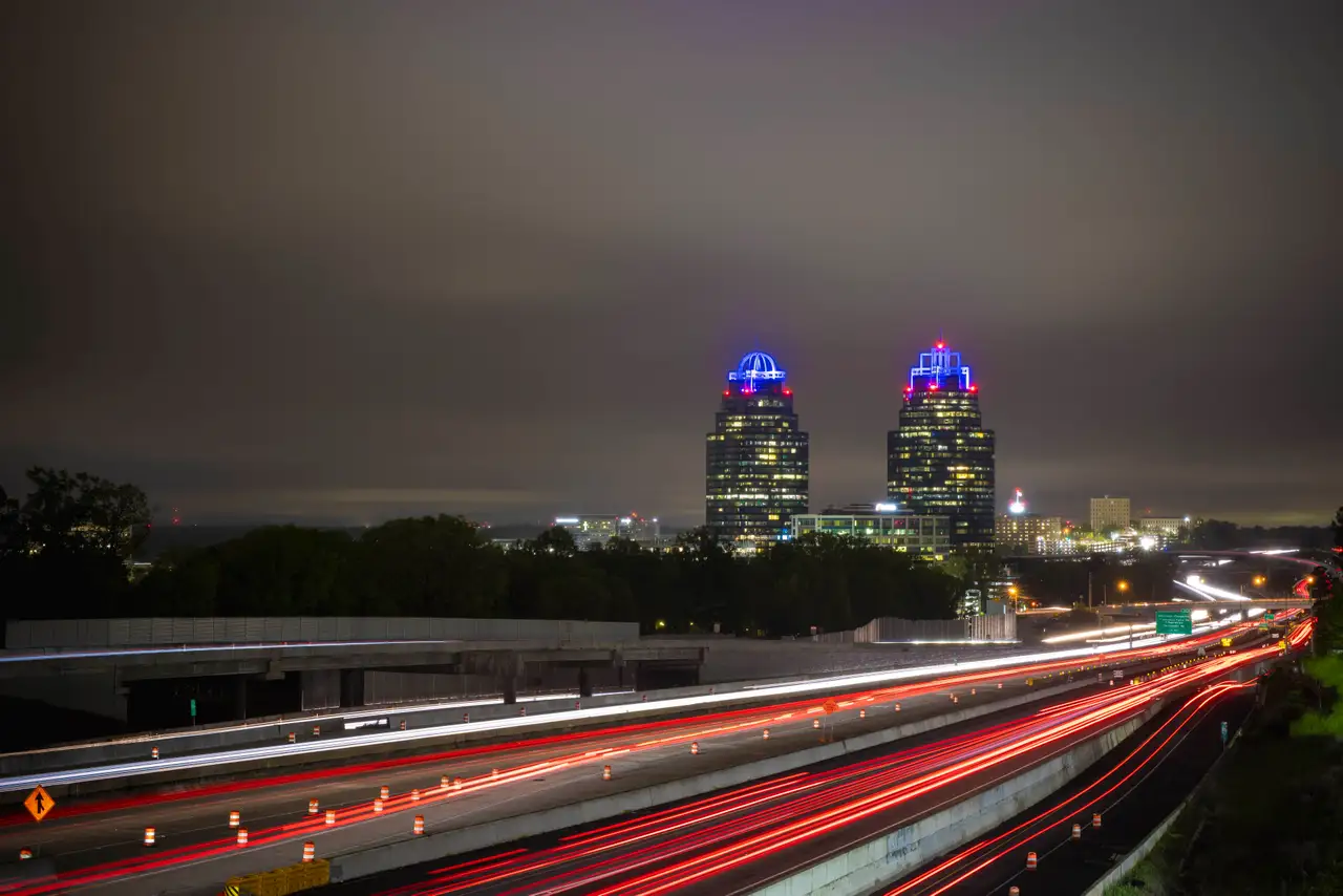Fine-art photograph, “Atlanta Twin Towers and Freeway Light Trails, Tide of Light - RFIV7222.JPG,” from the Georgia - ATL collection.