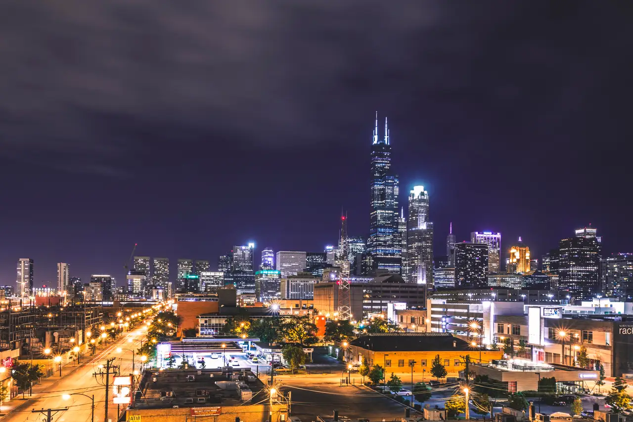 Fine-art photograph, “Willis Tower Above West Loop Streetlights at Night - 5DM48056.JPG,” from the Illinois - Chicago collection.