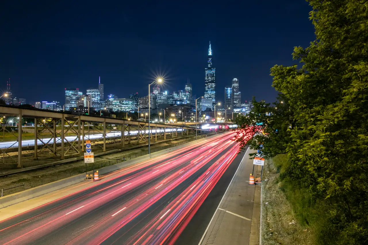 Fine-art photograph, “Willis Tower and Kennedy Expressway Light Trails - 5DM48068.JPG,” from the Illinois - Chicago collection.
