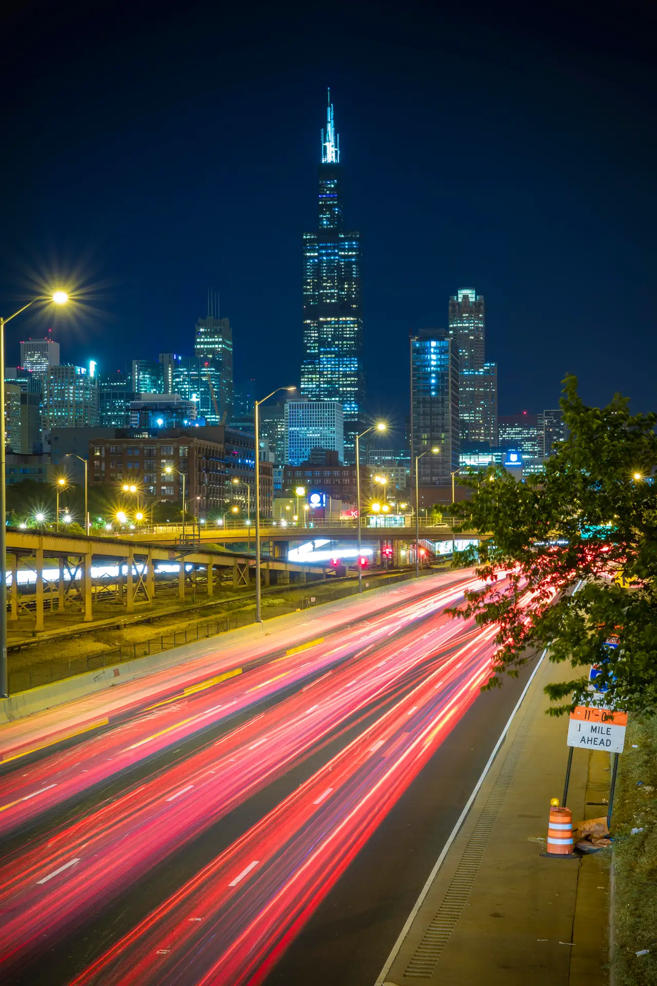 Fine-art photograph, “Willis Tower and Kennedy Expressway Light Trails in Vertical - 5DM48071.JPG,” from the Illinois - Chicago collection.