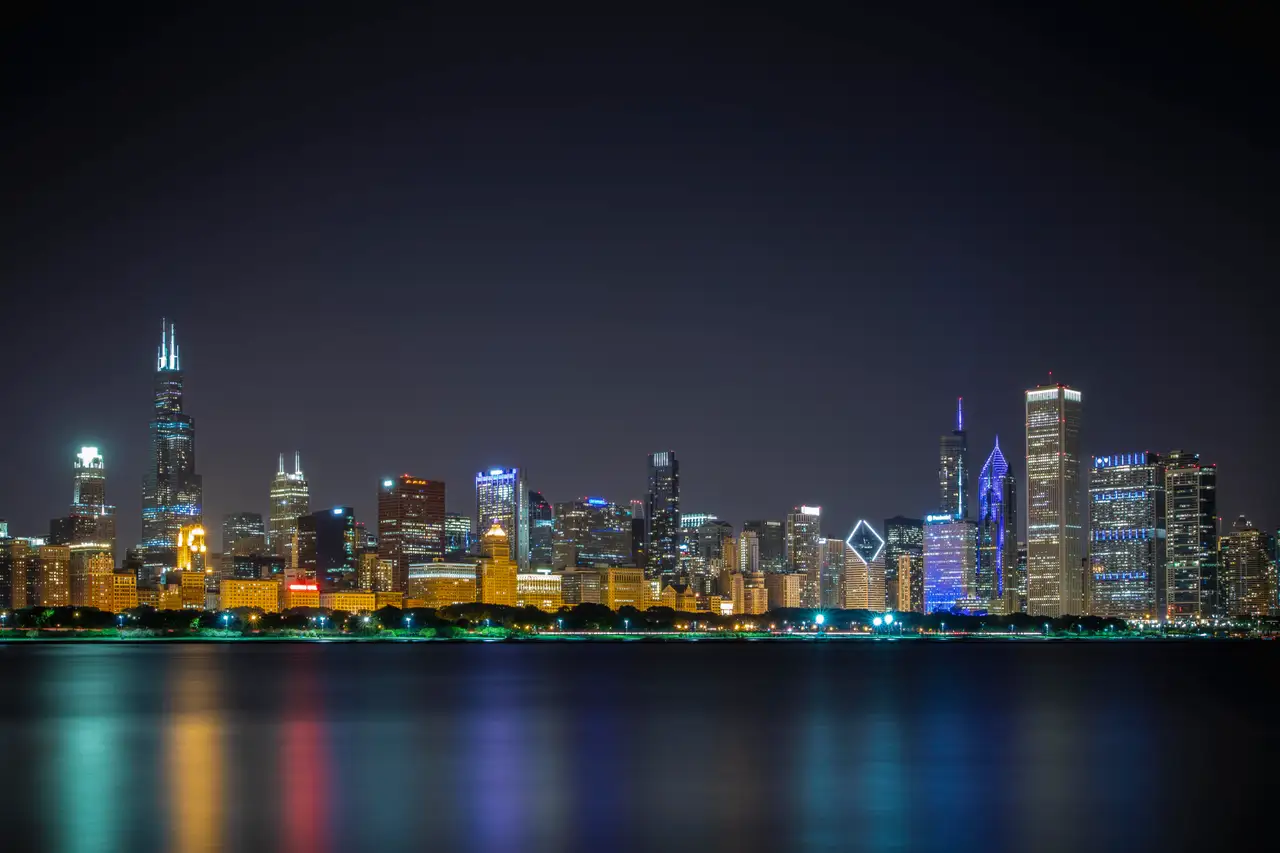 Fine-art photograph, “Chicago Skyline Across Lake Michigan at Night - 5DM49004.JPG,” from the Illinois - Chicago collection.