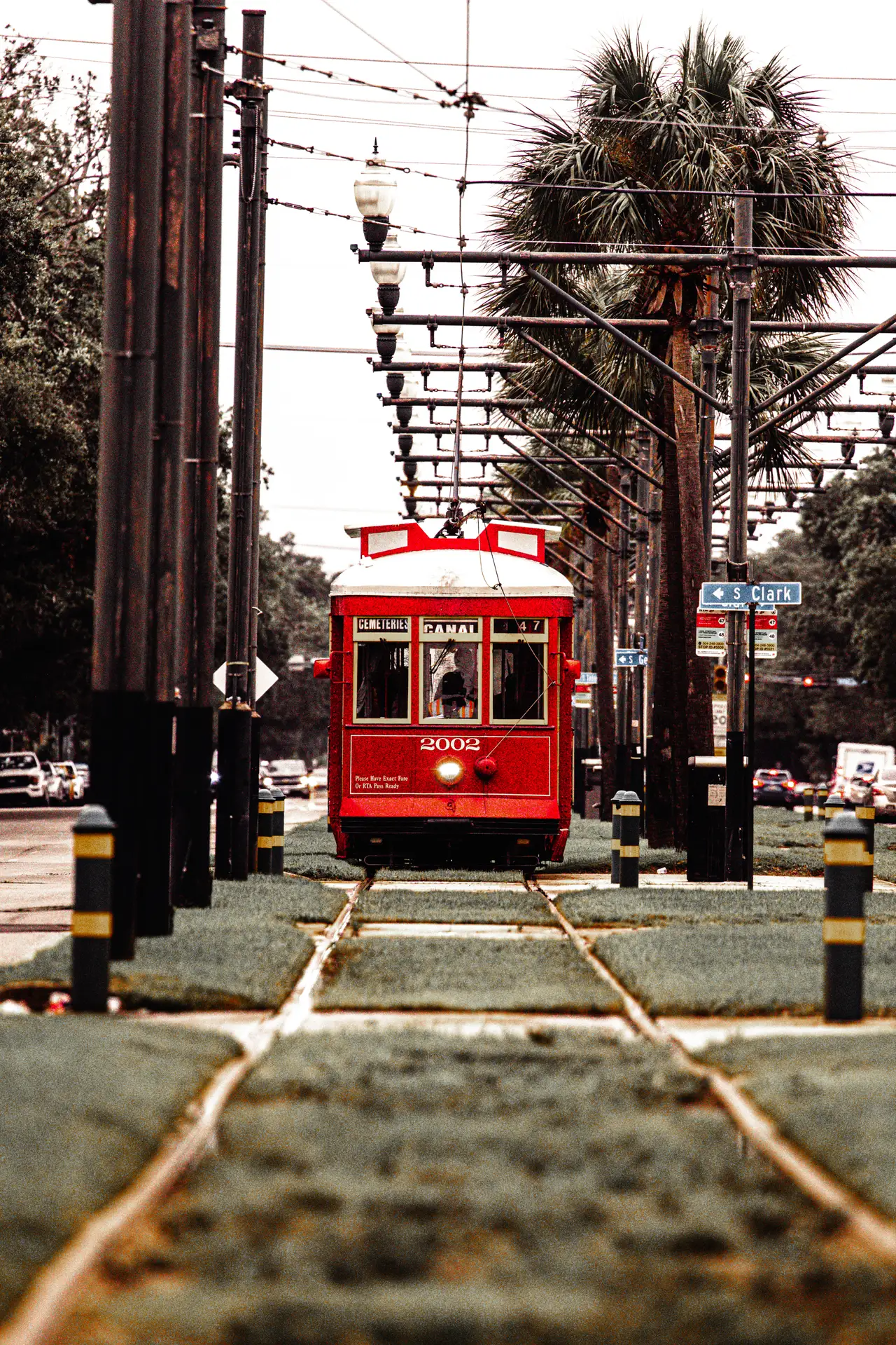 Fine-art photograph, “New Orleans Streetcar Beneath the Overpass - _FIV0524.JPG,” from the Louisiana - New Orleans collection.