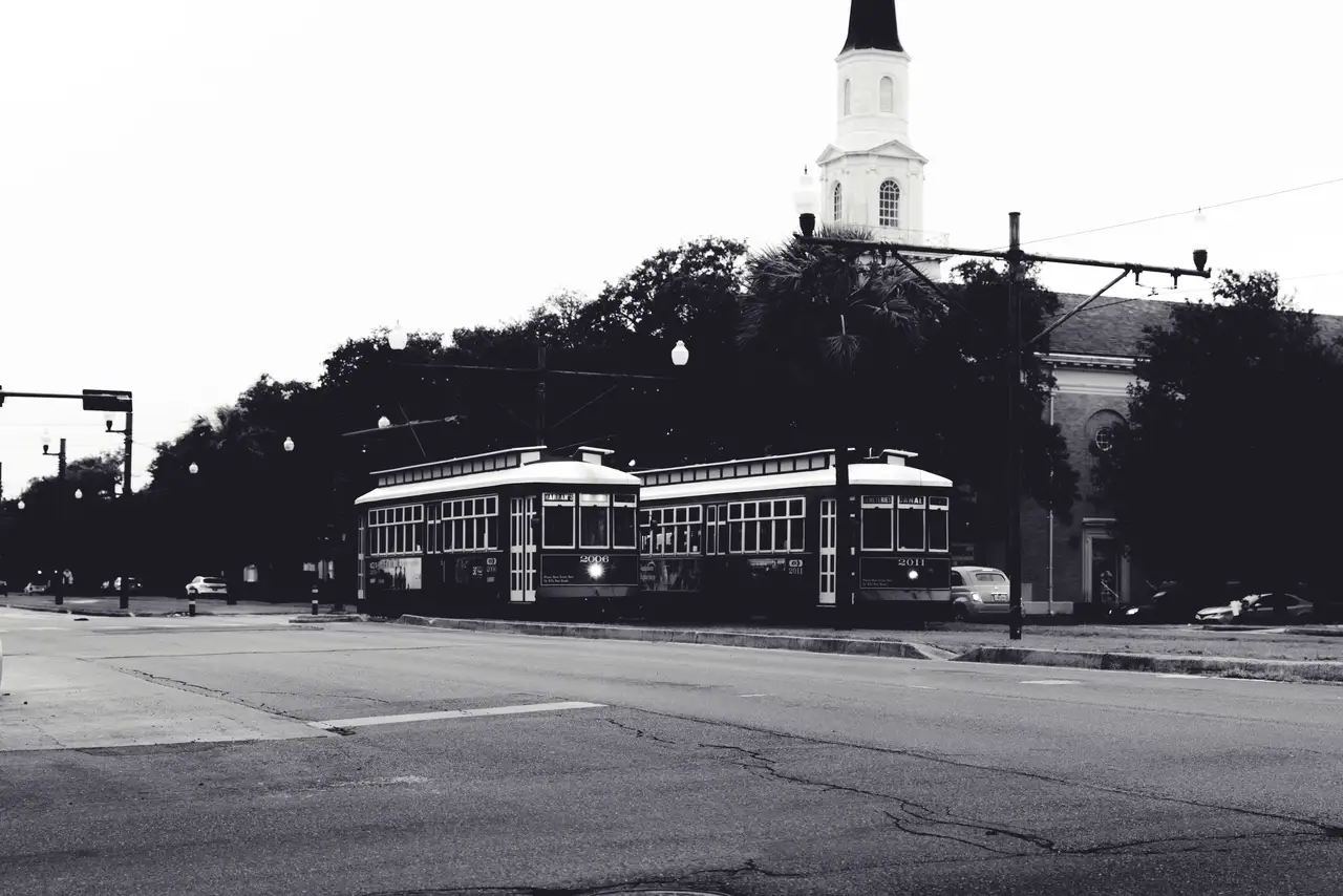 Fine-art photograph, “New Orleans Streetcar in Black and White - _FIV0578.JPG,” from the Louisiana - New Orleans collection.