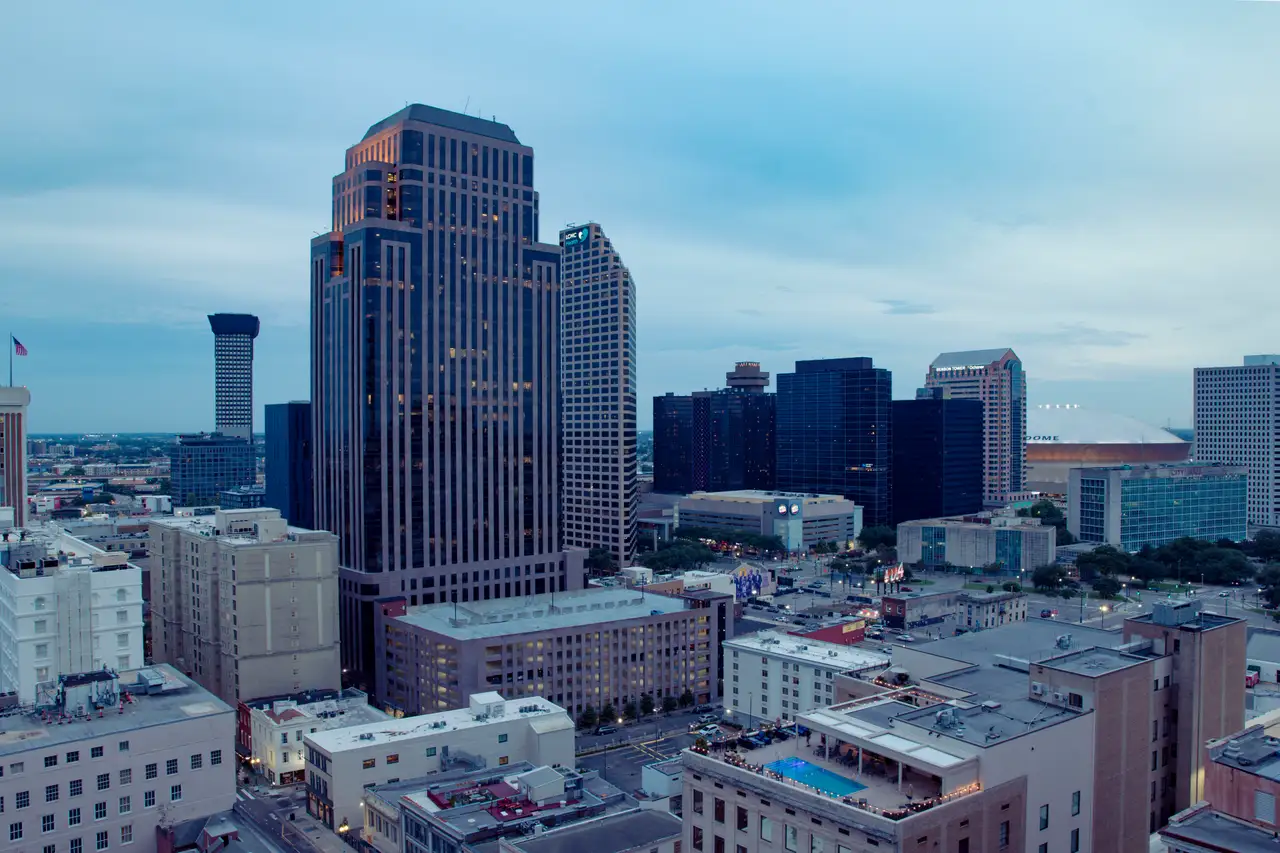 Fine-art photograph, “New Orleans Central Business District and Caesars Superdome at Blue Hour - _FIV0594.JPG,” from the Louisiana - New Orleans collection.
