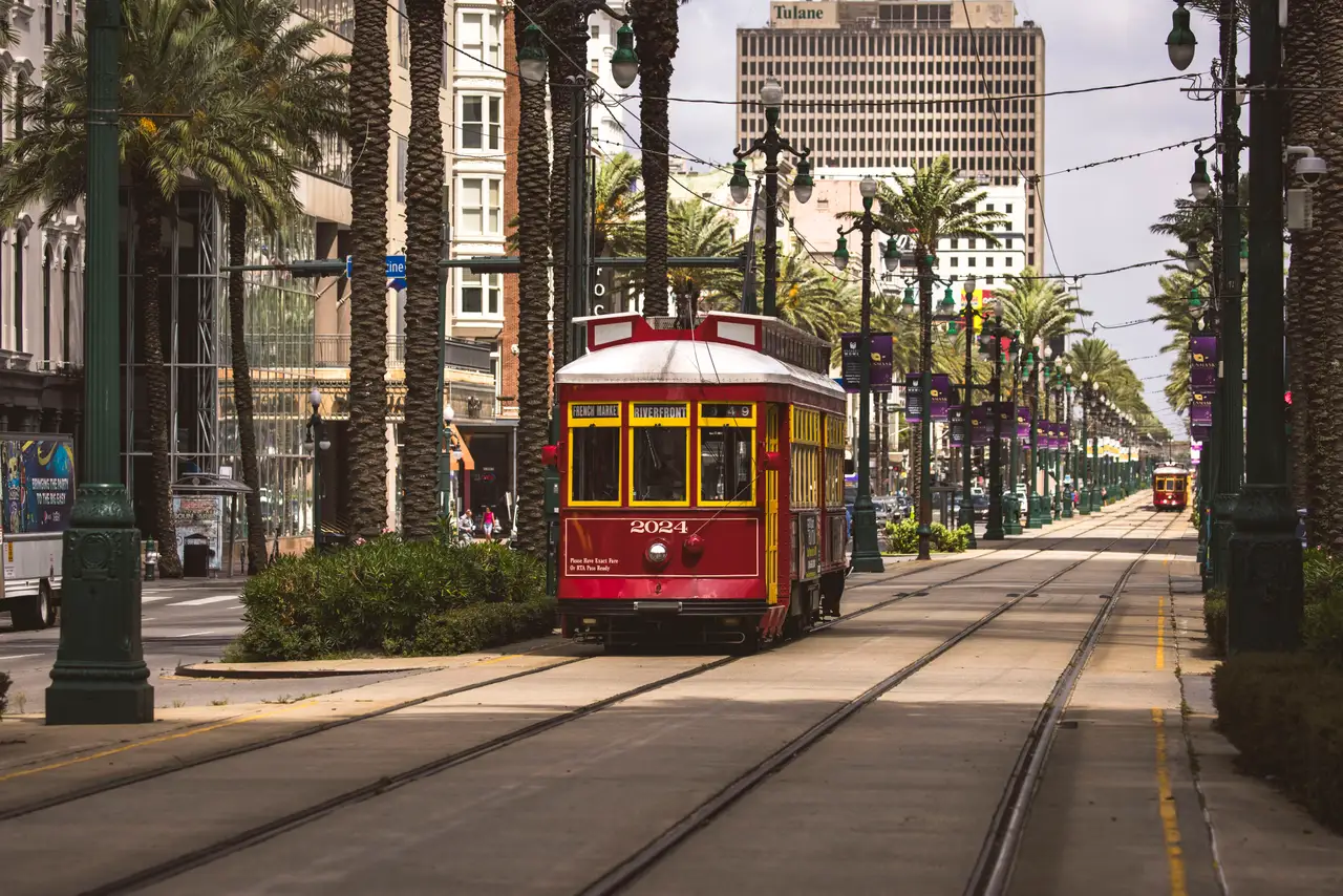 Fine-art photograph, “New Orleans Streetcar on Canal Street, The Long Descent - _FIV0693.JPG,” from the Louisiana - New Orleans collection.