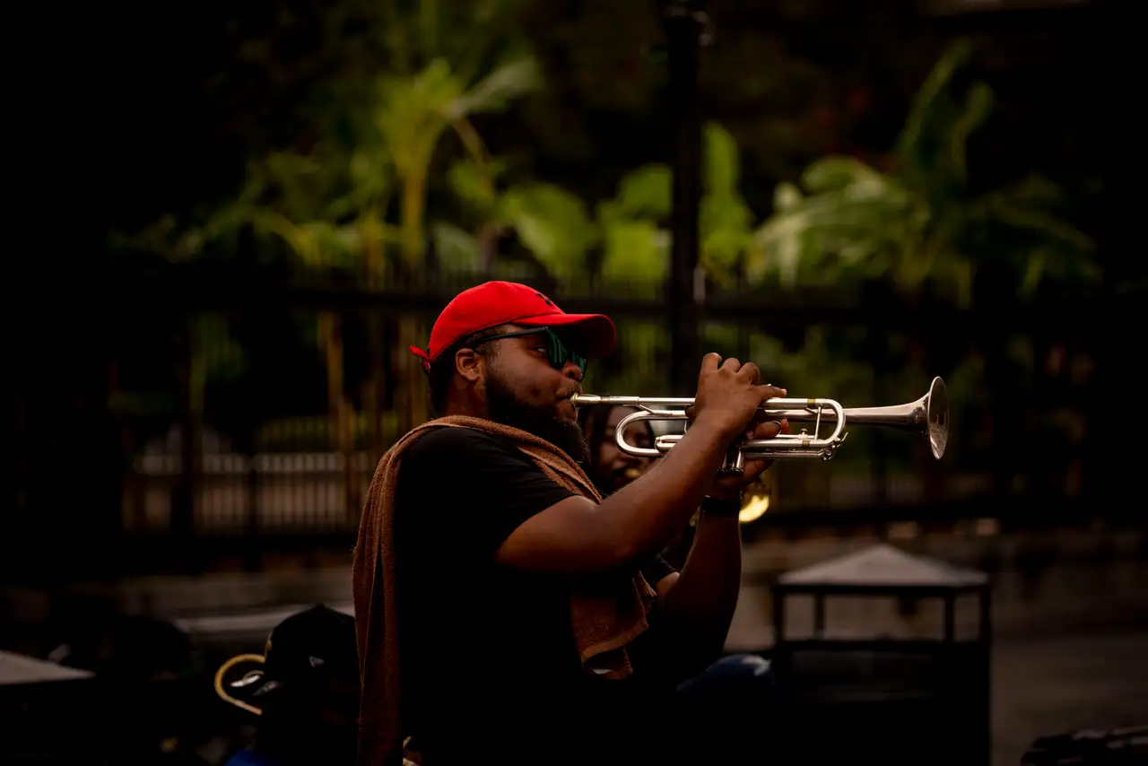 Fine-art photograph, “New Orleans Trumpeter in a Red Cap - _FIV1026.JPG,” from the Louisiana - New Orleans collection.