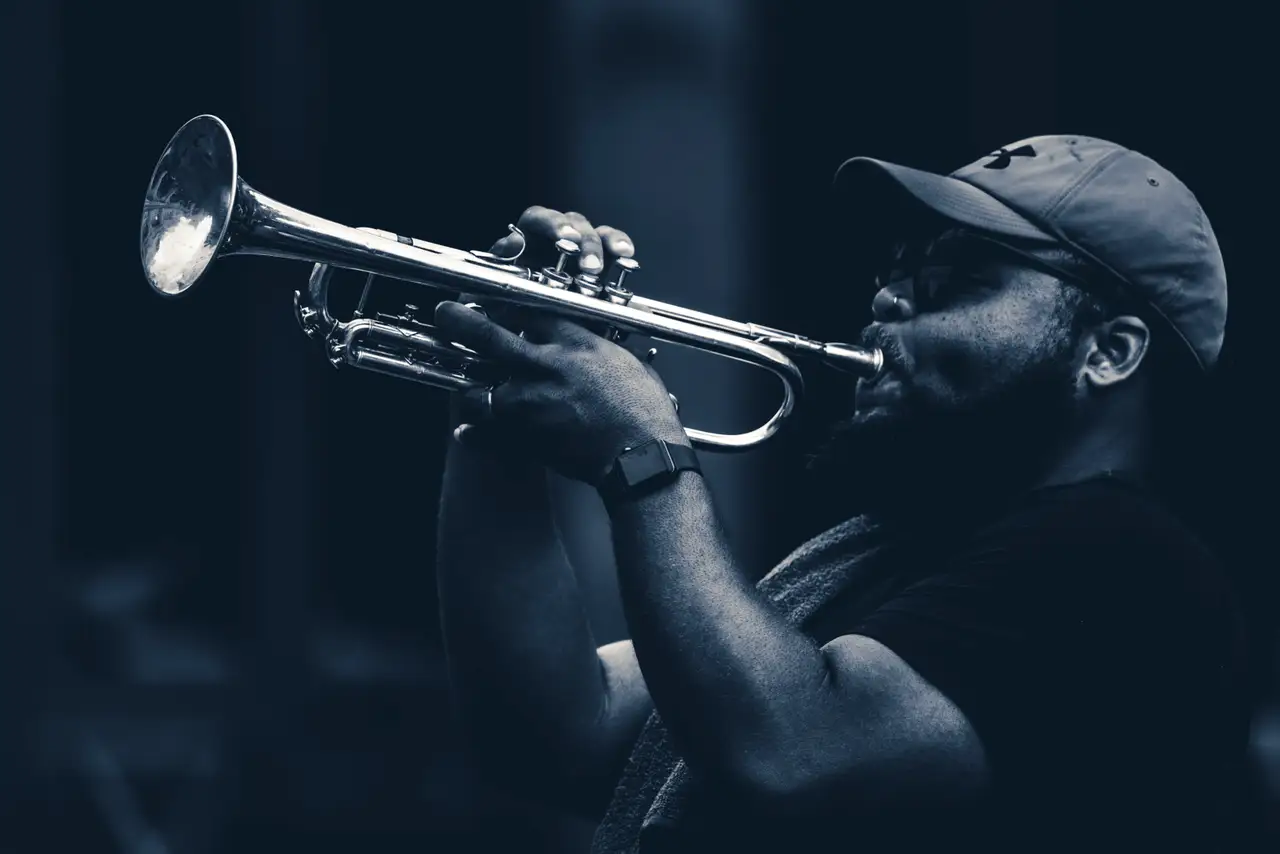 Fine-art photograph, “New Orleans Trumpeter in Black and White - _FIV1265.JPG,” from the Louisiana - New Orleans collection.