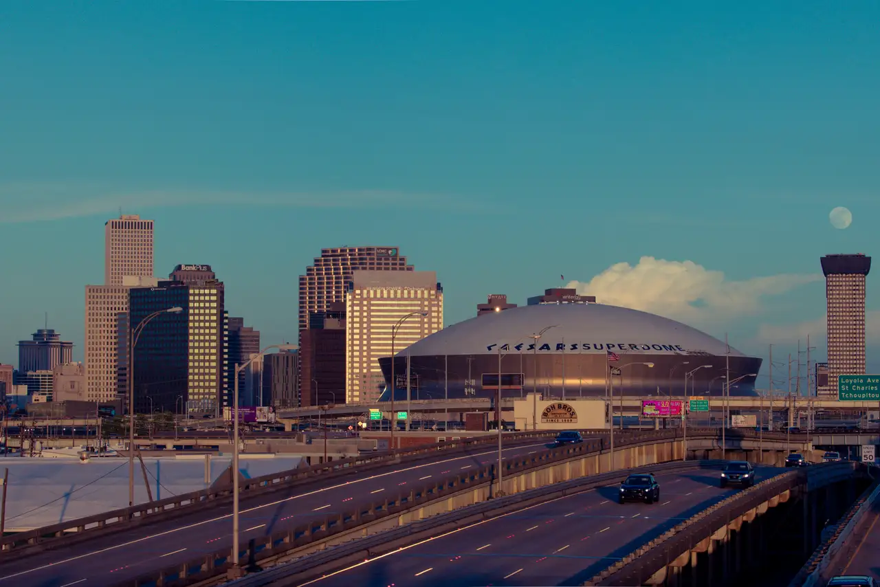 Fine-art photograph, “Caesars Superdome, Crescent City Connection, and Moonrise - _FIV1521.JPG,” from the Louisiana - New Orleans collection.