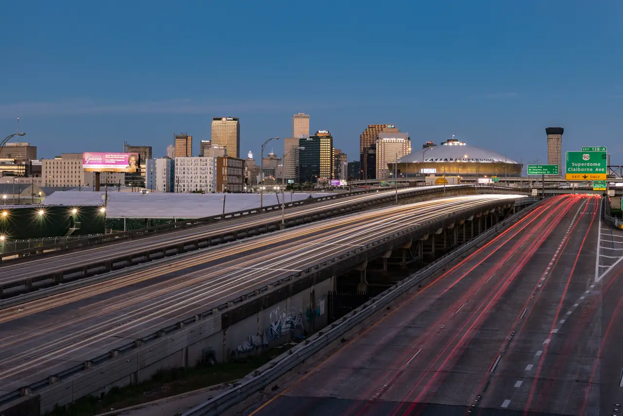 Fine-art photograph, “New Orleans Superdome at Blue Hour, Dawn Traffic - _FIV1557.JPG,” from the Louisiana - New Orleans collection.