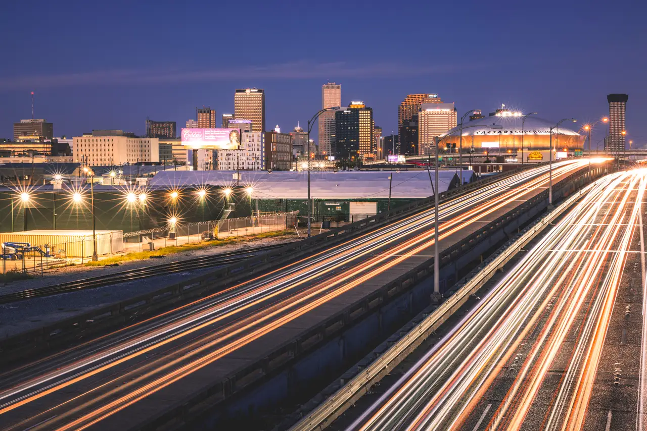 Fine-art photograph, “New Orleans Superdome Highway Light Trails at Night - _FIV1564.JPG,” from the Louisiana - New Orleans collection.