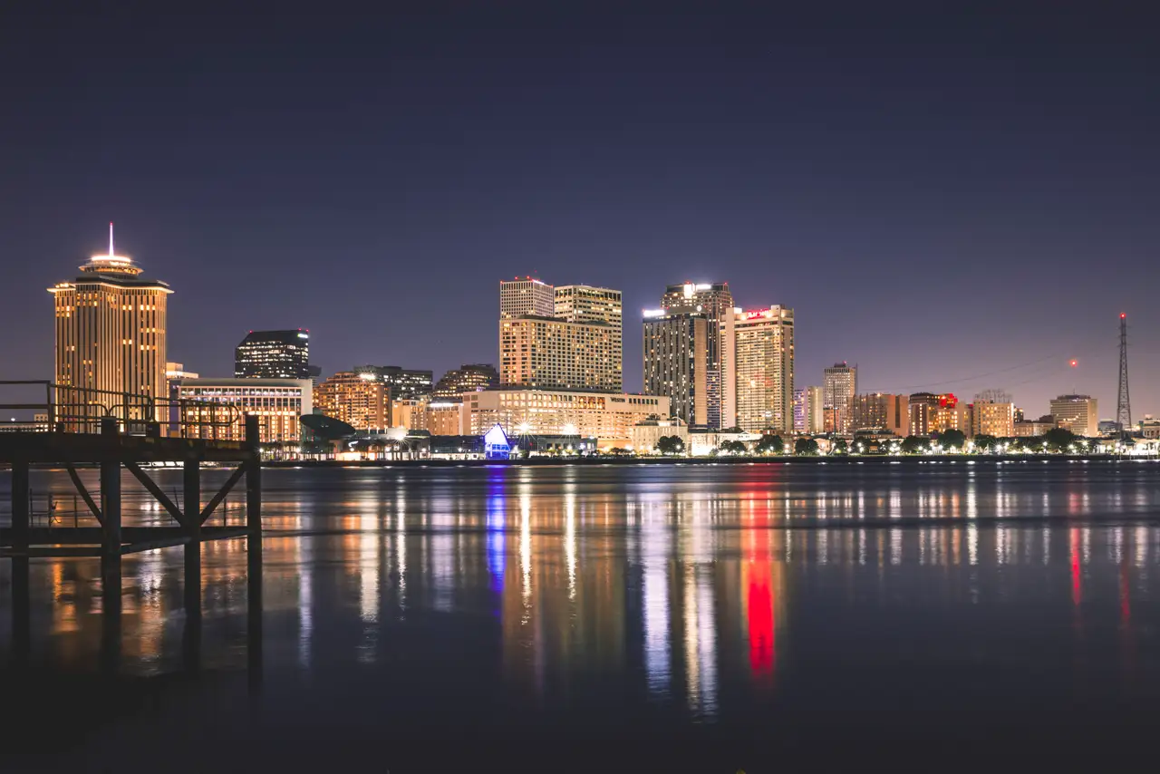 Fine-art photograph, “New Orleans Skyline Reflected on the Mississippi - _FIV1570.JPG,” from the Louisiana - New Orleans collection.