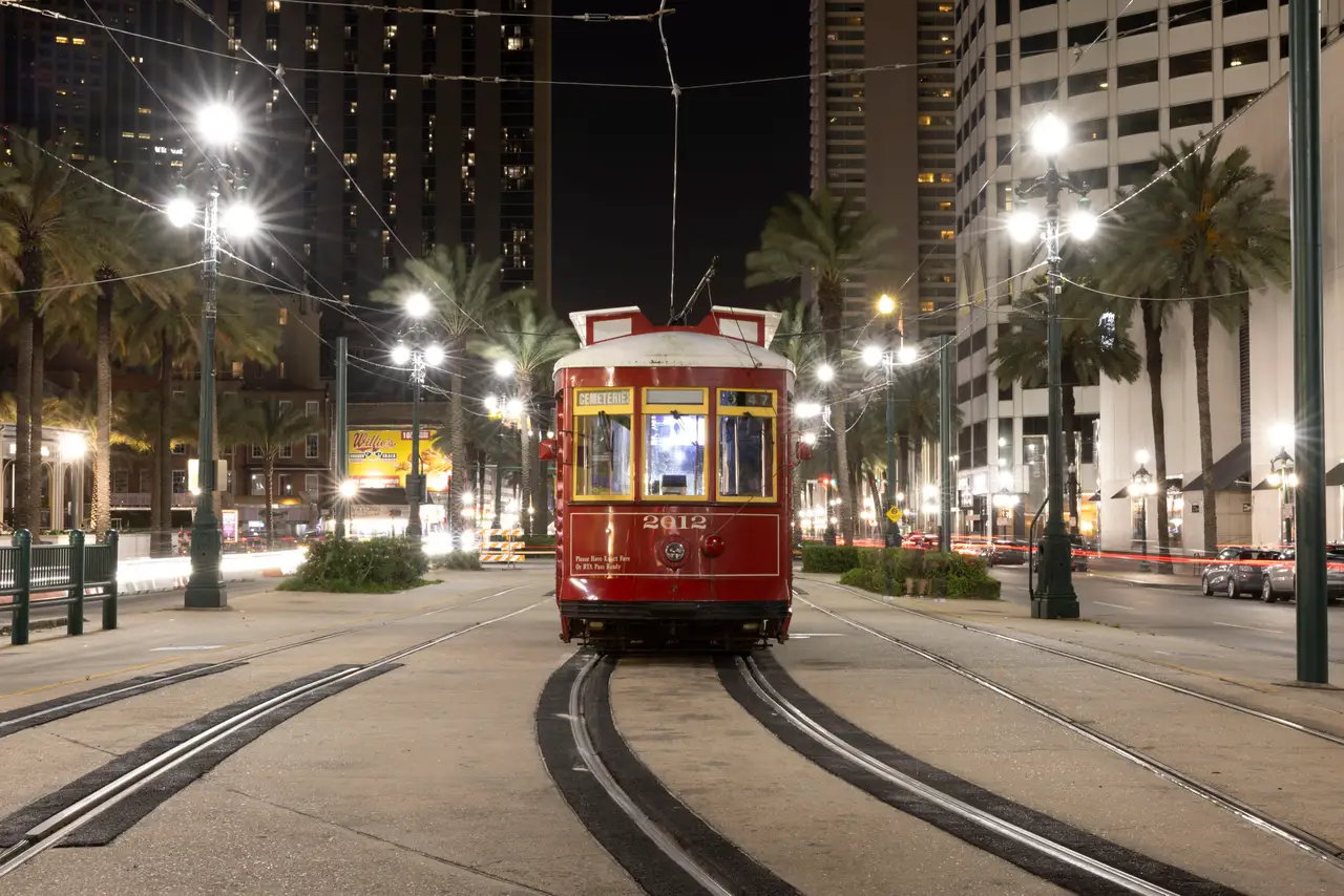 Fine-art photograph, “New Orleans Streetcar on Canal Street at Night, Tide of Light - _FIV1580.JPG,” from the Louisiana - New Orleans collection.
