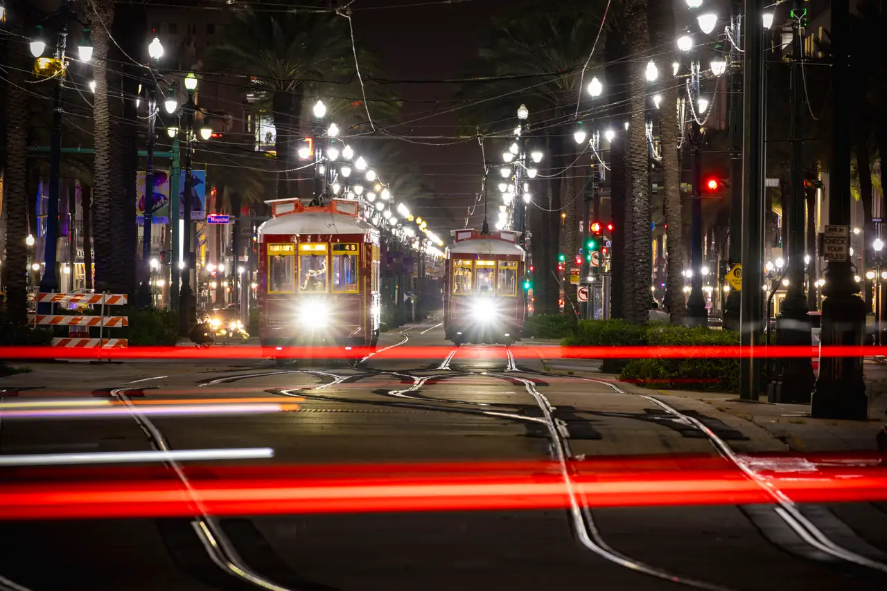 Fine-art photograph, “New Orleans Streetcar and Canal Street Light Trails, City in Motion - _FIV1583.JPG,” from the Louisiana - New Orleans collection.