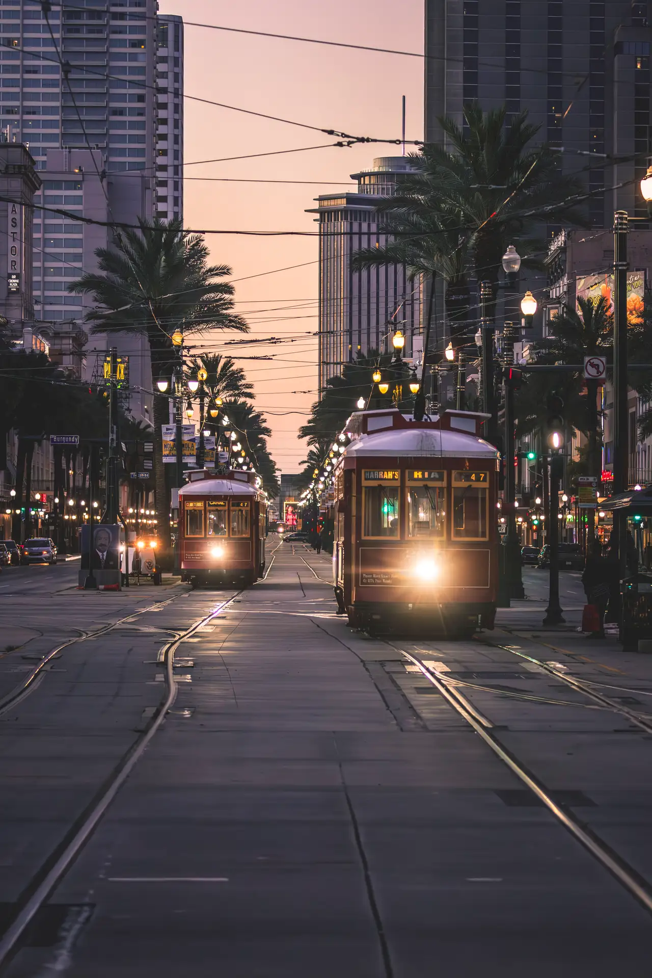 Fine-art photograph, “New Orleans Streetcars on Canal Street at Golden Hour - _FIV1973.JPG,” from the Louisiana - New Orleans collection.