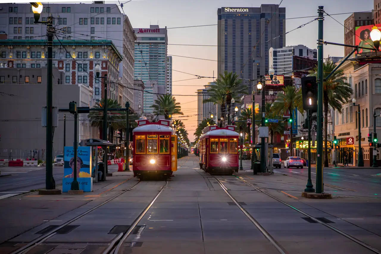 Fine-art photograph, “New Orleans Streetcar Passing Through Downtown - _FIV1982.JPG,” from the Louisiana - New Orleans collection.