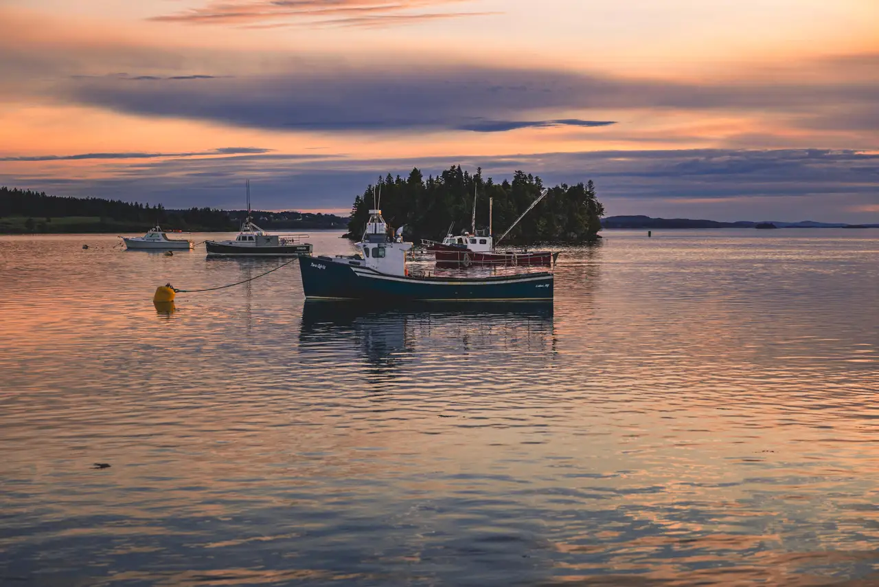 Fine-art photograph, “Maine Fishing Boat at Sunset, Last Warmth - 5M2A1830.jpg,” from the Maine collection.