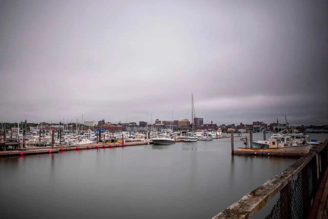 Fine-art photograph, “Portland Harbor Marina and Downtown in Rain - RFIV1172.JPG,” from the Maine collection.