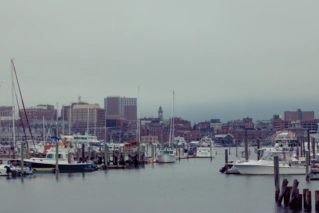 Fine-art photograph, “Portland Harbor Marina and Downtown Clock Tower - RFIV1223.JPG,” from the Maine collection.