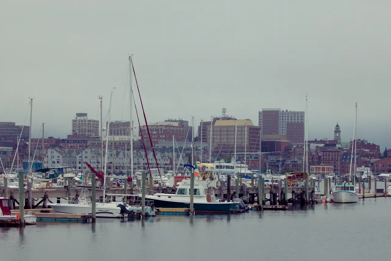 Fine-art photograph, “Portland Harbor Marina and Downtown Waterfront in Overcast Light - RFIV1227.JPG,” from the Maine collection.
