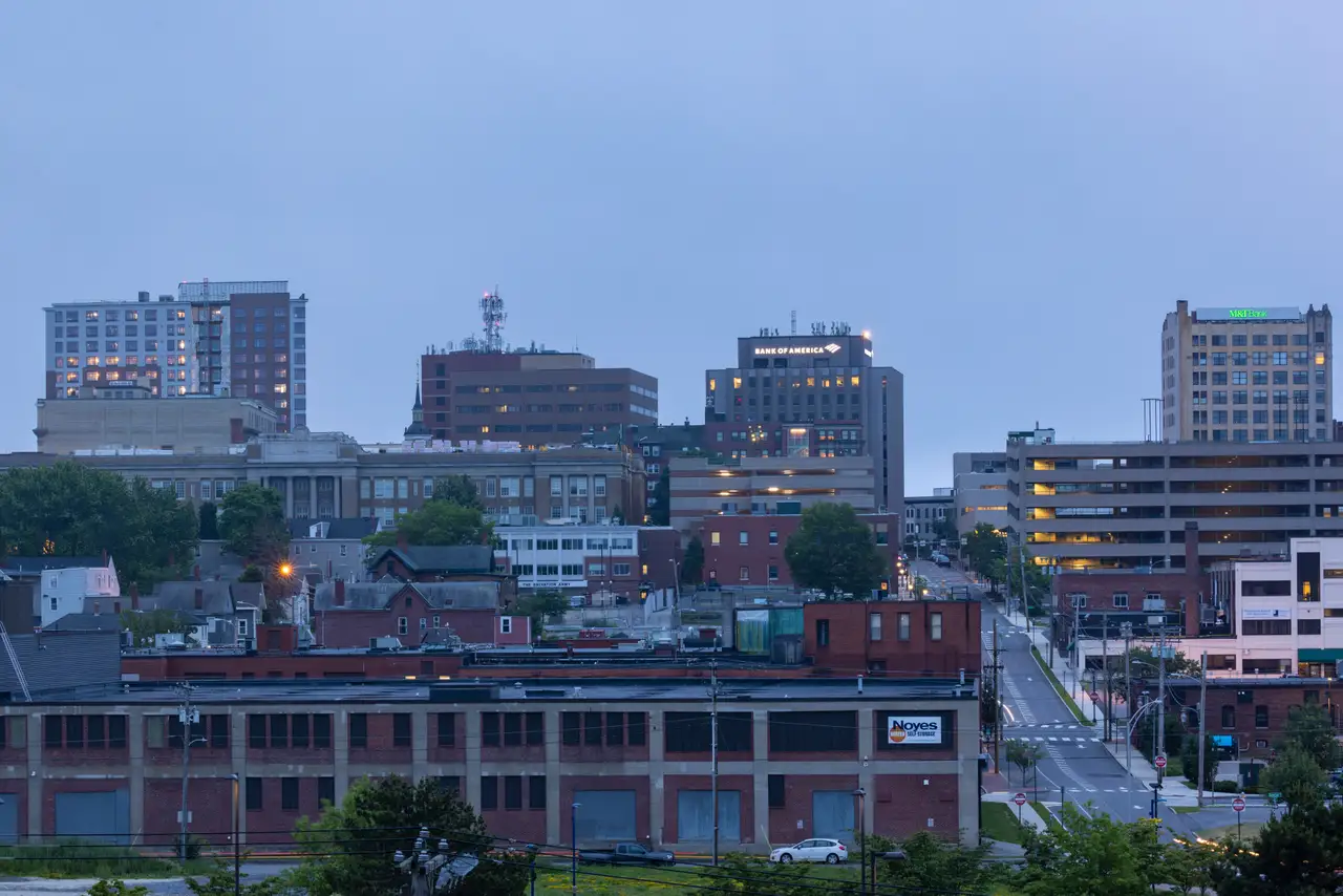 Fine-art photograph, “Portland Waterfront and Rail Yard at Blue Hour - RFIV1262.JPG,” from the Maine collection.